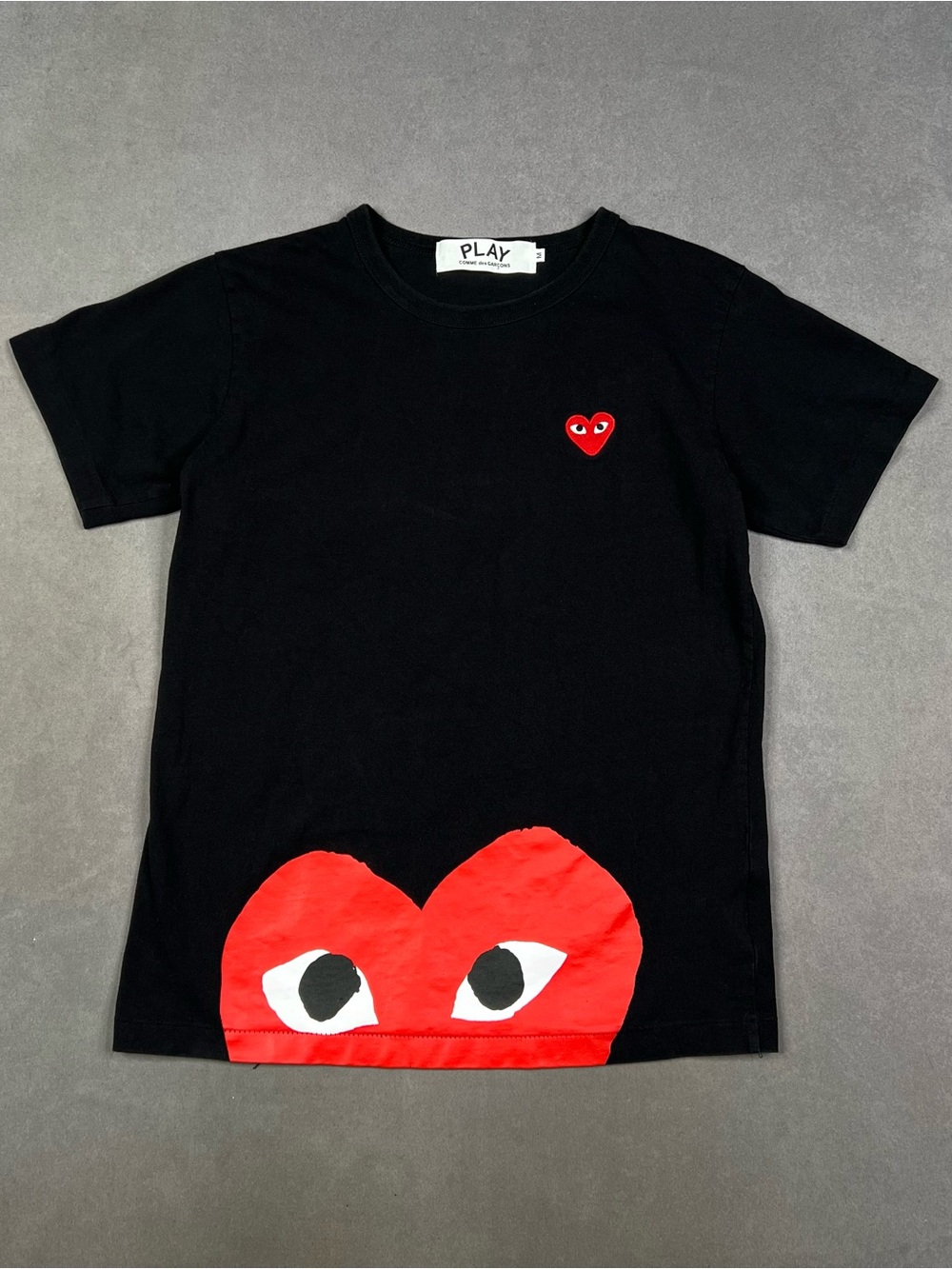 Comme des Garcons PLAY Black Tee with Red Heart Graphics